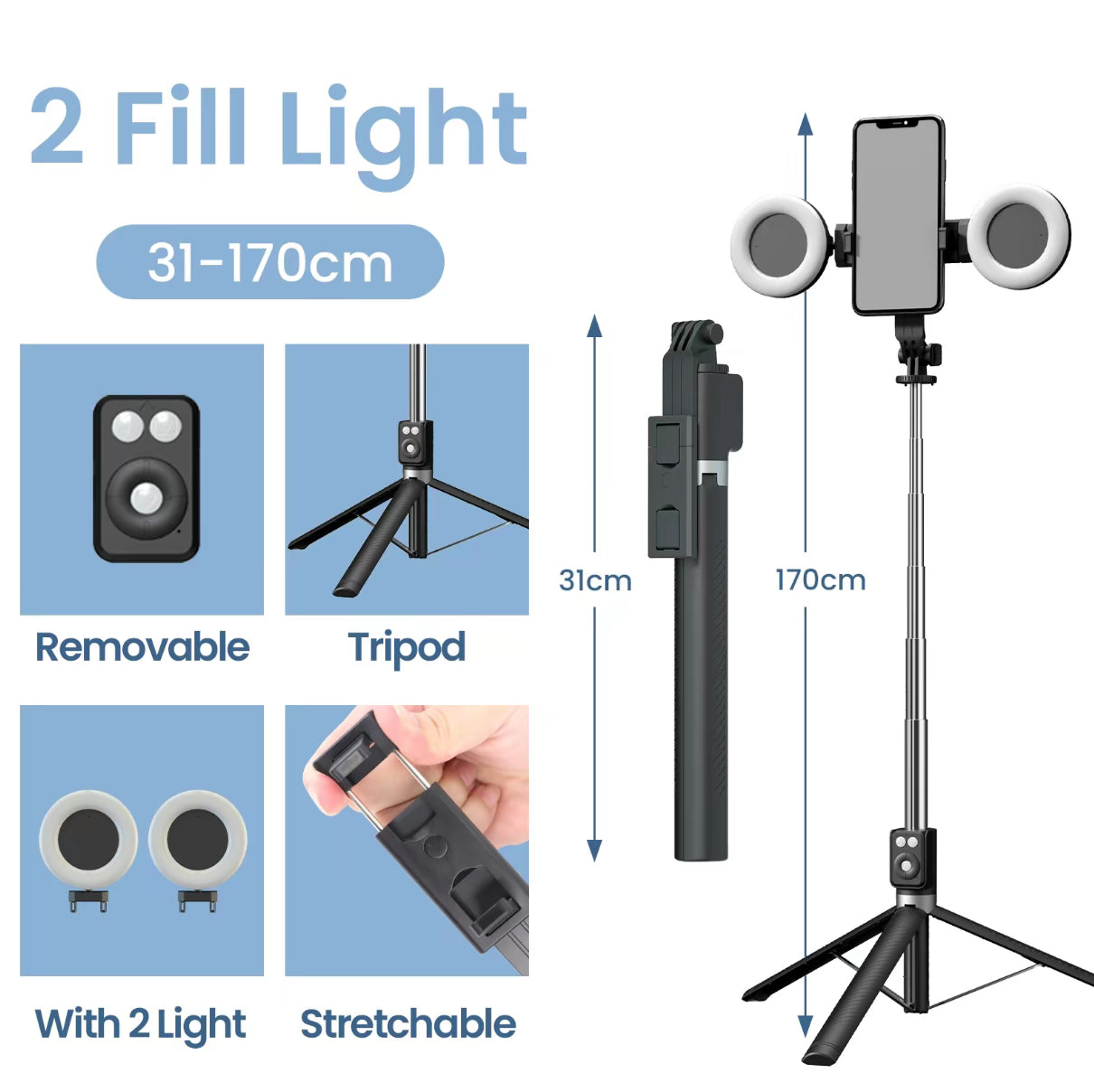 Aloura™ 6 in 1 Selfie Stick With Fill Light